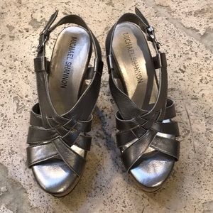 Michael Shannon silver metallic wedge sandals